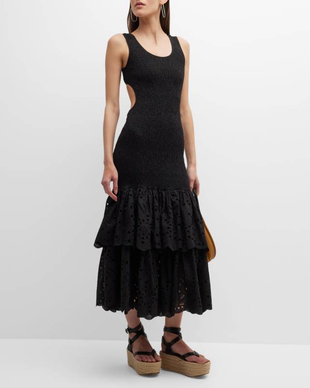 Isa Long Tiered Eyelet Ruffle Midi Dress